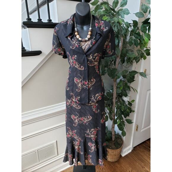 Emma & James 3 Piece Skirt Suit Women Size 14 Black Floral Collar Button Front - Picture 1 of 13